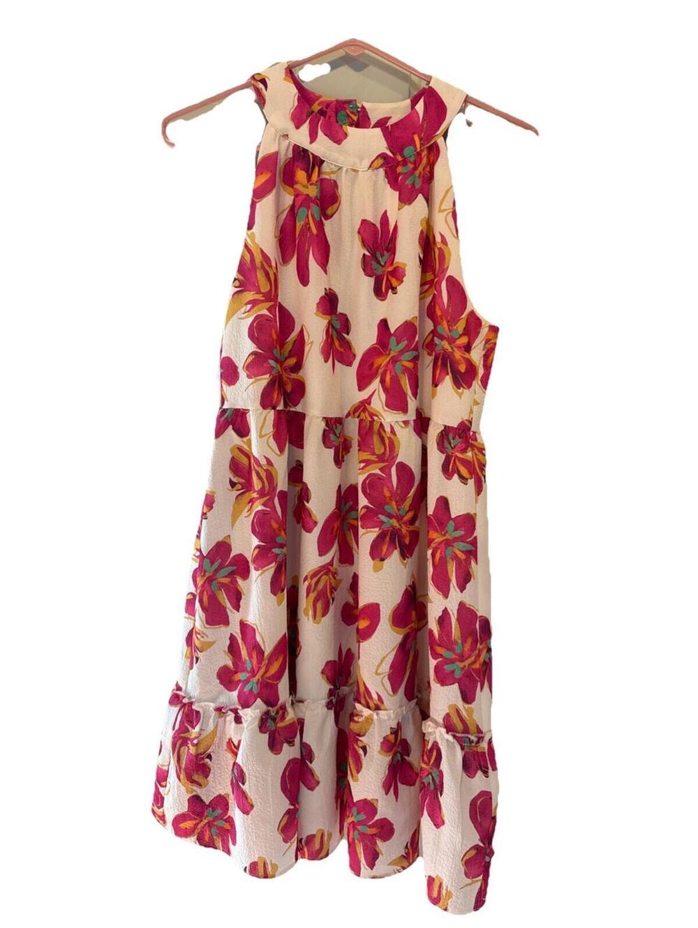 Anthroplogie THML Women's Floral Halter Mini Dress XSPink Cream Tiered Ruffle